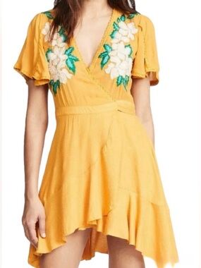 Cleobella Lillian Embroidered Wrap Mini Dress Marigold Yellow S Cottagecore Boho
